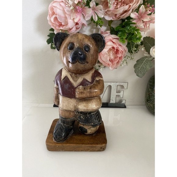 Vintage Wooden Bear Statue Large 10" Soccer Teddy Bear Kids Room Decor Figurine - Picture 9 of 16